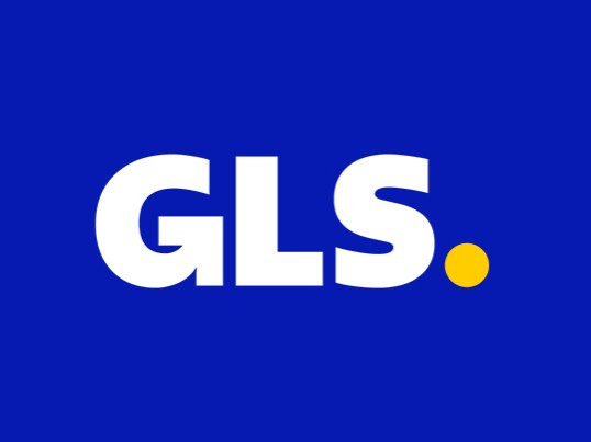 GLS logo in white and yellow